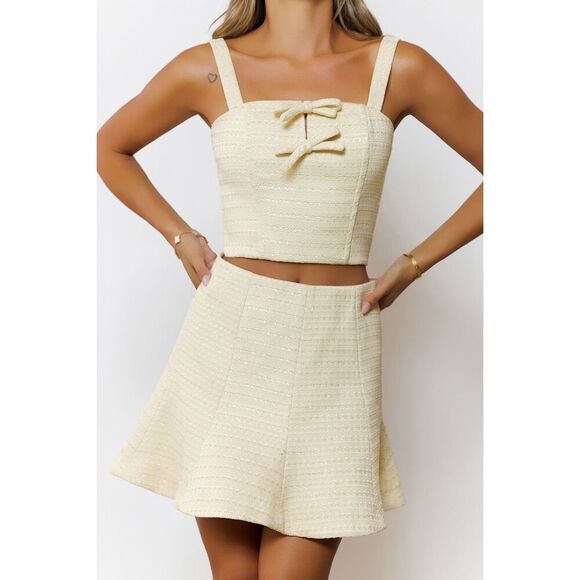 ASTR KIONA TWEED BOW TOP YELLOW & Mini Skirt set In Yellow size S NWT - Picture 2 of 7
